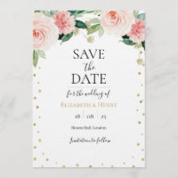 Blush pink gold peony floral wedding save the date
