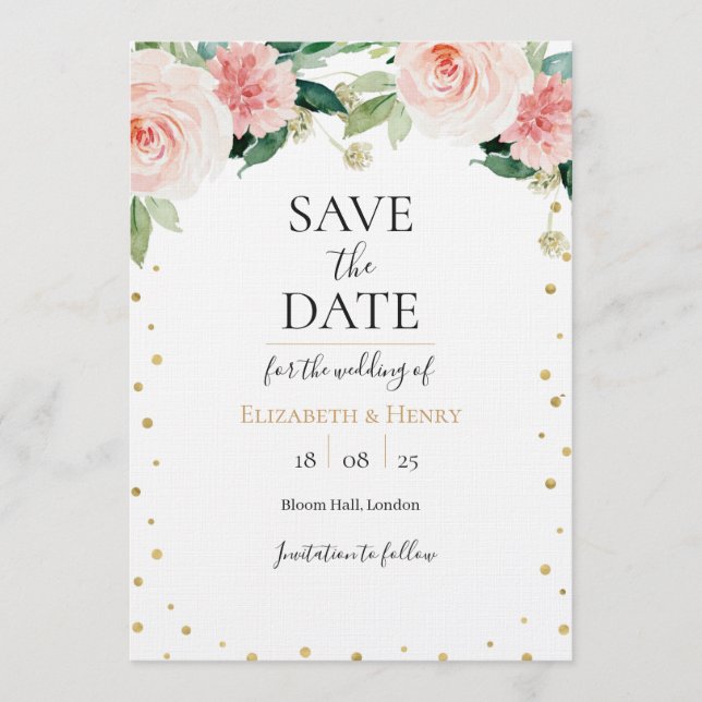 Blush pink gold peony floral wedding save the date invitation (Front)