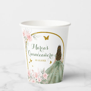 Blush Pink Gold Princess Butterfly Quinceañera Paper Cups