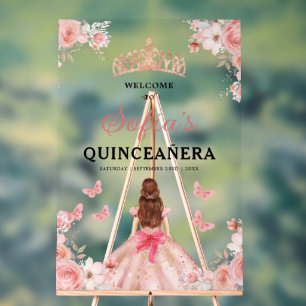 Blush Pink Gold Princess Quinceañera Welcome  Acrylic Sign