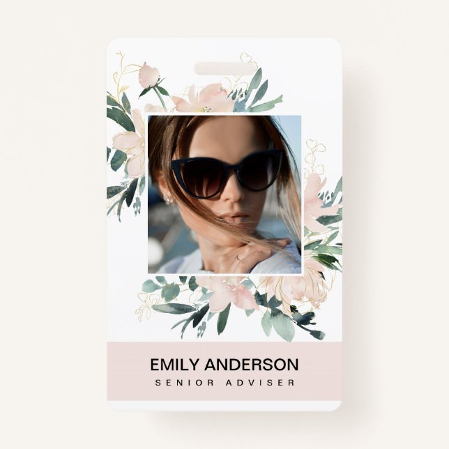 BLUSH PINK GOLD ROSE FLORAL PHOTO LOGO IDENTITY BADGE (Front)