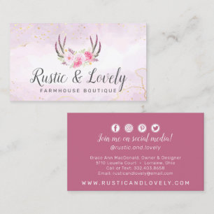 Blush Pink Gold Rustic Floral Antlers Social Media Business Card
