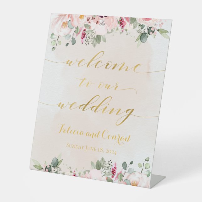 Blush Pink Gold Script Calligraphy Welcome Wedding Pedestal Sign (Front)