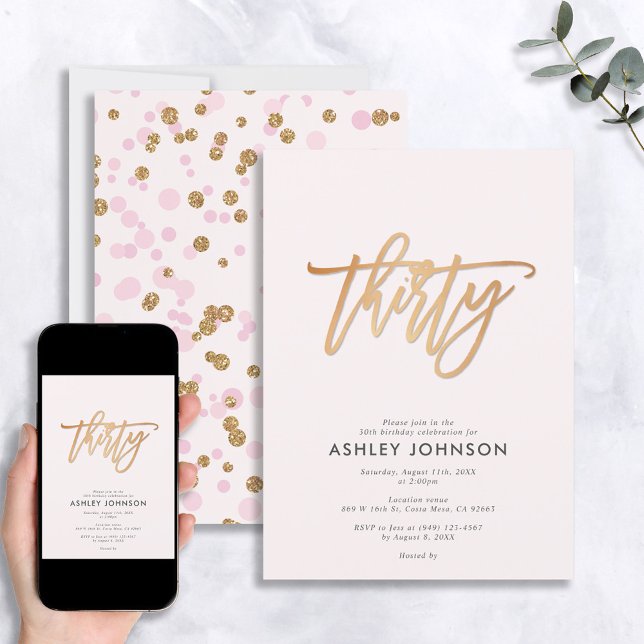 Blush Pink & Gold Script Confetti 30th Birthday Invitation (Creator Uploaded)