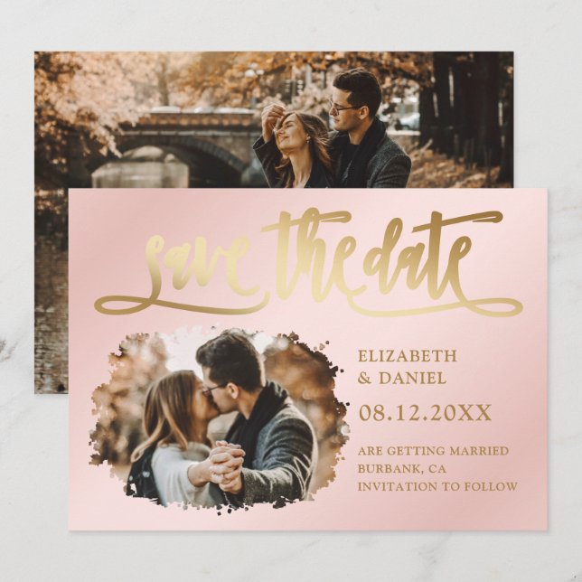 Blush Pink Gold Script Wedding 2 Photo Save The Date (Front/Back)