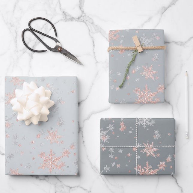 Blush Pink Gold & Silver Snowflakes Tones Of Grey  Wrapping Paper Sheet (Front)