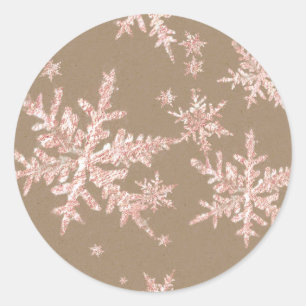 Blush Pink Gold Snowflakes Rustic Kraft Brown Classic Round Sticker