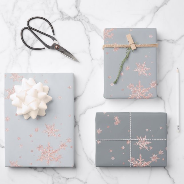 Blush Pink Gold Snowflakes Tones Of Grey Wrapping Paper Sheet (Front)