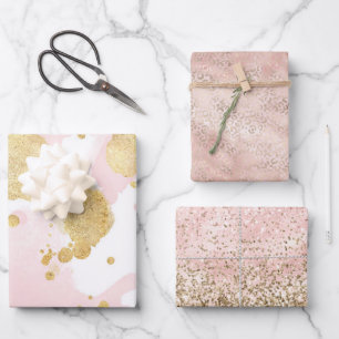 Blush Pink Gold Splatters Abstract Wrapping Paper Sheet