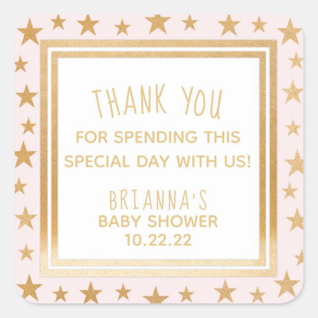 Blush pink gold stars baby shower favour sticker (Front)