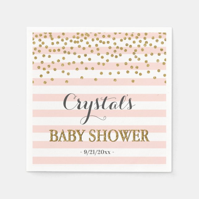 Blush Pink Gold Stripe Confetti Baby Girl Shower Napkin (Front)
