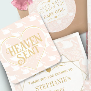 Blush Pink & Gold Swan Heaven Sent Baby Shower Coaster