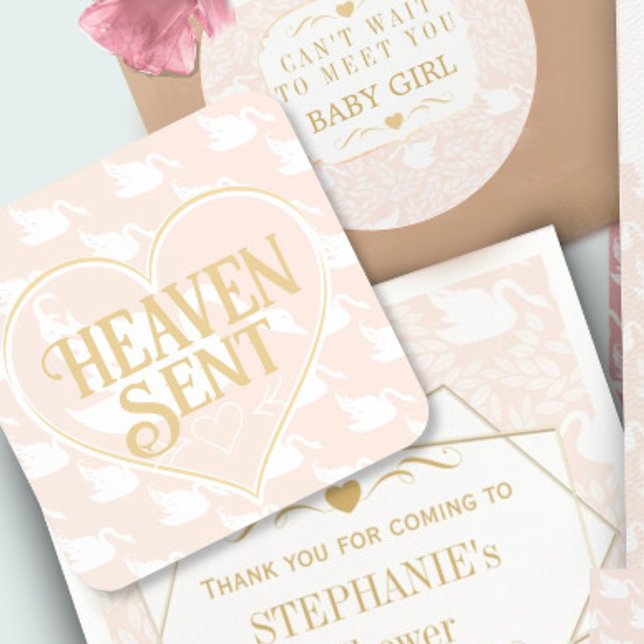 Blush Pink & Gold Swan Heaven Sent Baby Shower Coaster (Creator Uploaded)