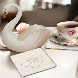 Blush Pink & Gold Swan Pattern for Baby Shower Square Paper Coaster