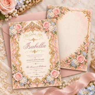 Blush Pink Gold Tiara Floral Quinceañera Invitation
