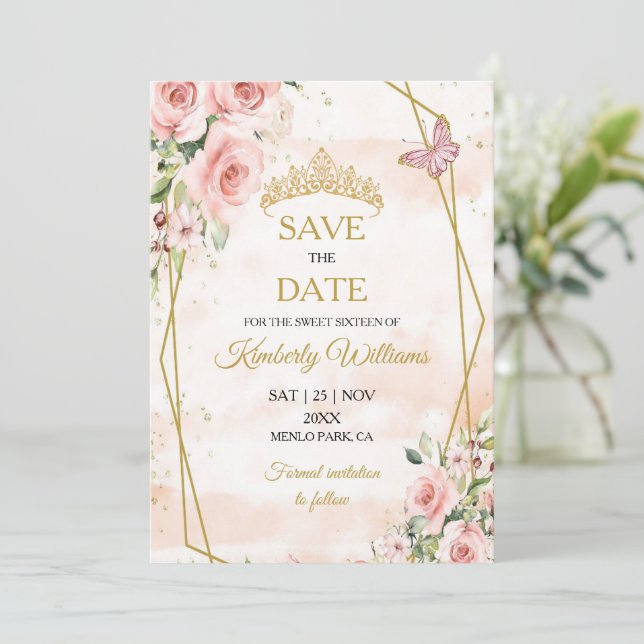 Blush Pink Gold Tiara Save The Date 16th Birthday Invitation (Standing Front)