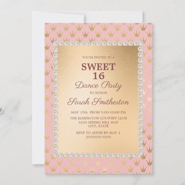 Blush Pink Gold Tiara Sweet 16 Dance Party Invitation (Front)