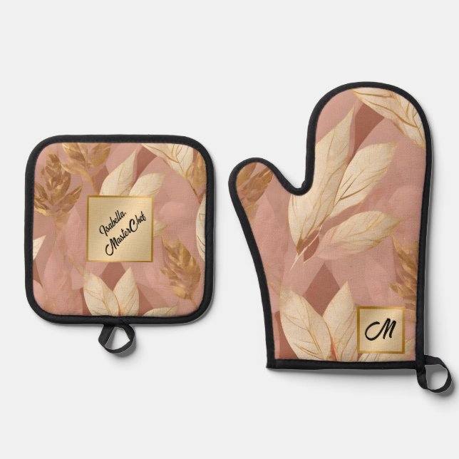 Blush Pink Gold Trendy Boho Leaves Collection Oven Mitt & Pot Holder Set (Front)