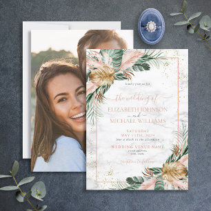 Blush Pink Gold Tropical Boho Chic Photo Wedding Invitation