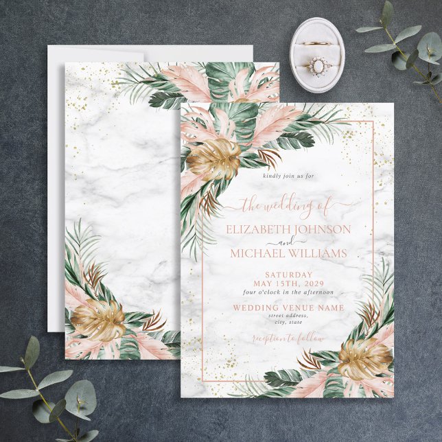 Blush Pink Gold Tropical Boho Chic Wedding Invitation (Creator Uploaded)