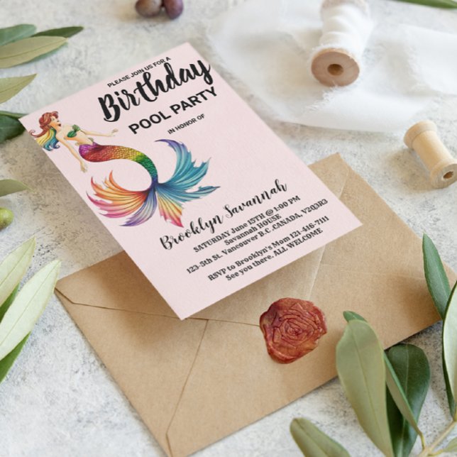 Blush Pink Gold Turquoise Mermaid Tail Pool Party Postcard (Creator Uploaded)