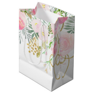 Blush Pink Gold Watercolor Flowers MEDIUM Bags