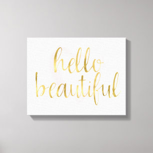 Blush Pink Gold Watercolor Heart Hello Beautiful Canvas Print