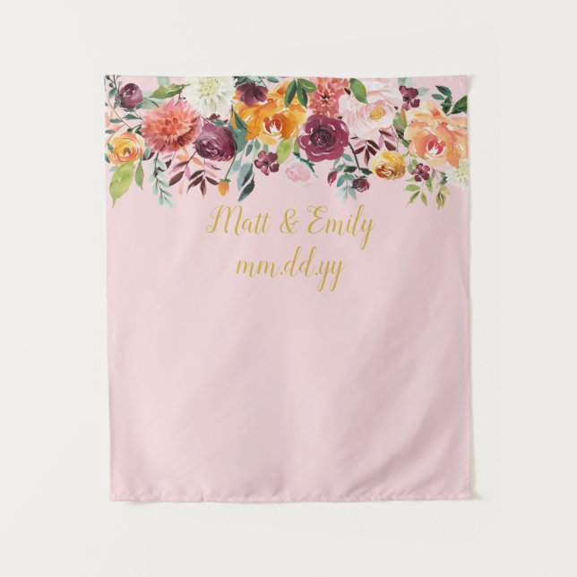 Blush Pink & Gold Wedding Photo Booth Backdrop Tapestry (Front)