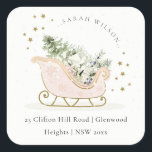 Blush Pink Gold Winter Sleigh Christmas Address Square Sticker<br><div class="desc">Chill Out Sleigh Winter Theme Collection.- it's a cute pastel watercolor Illustration of blush pink gold sleigh filled with Christmas pine tree, gifts and winter berries with classy gold star frame and snowfall in the background. Perfect for your little ones winter birthday party. It’s very easy to customize, with your...</div>