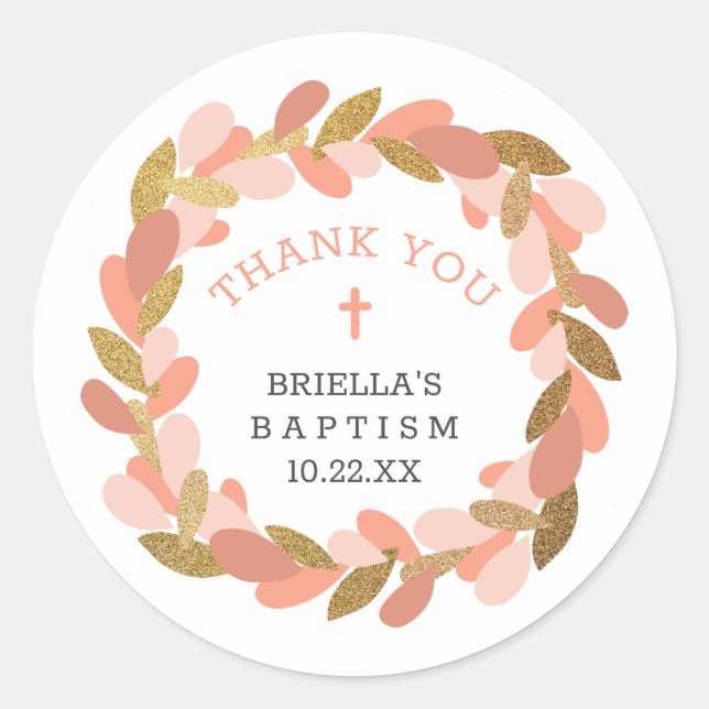Blush pink gold wreath baptism thank you classic round sticker (Front)