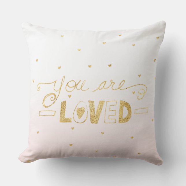 Blush Pink Gold You are Loved Hearts Ombre Throw Pillow (Front)