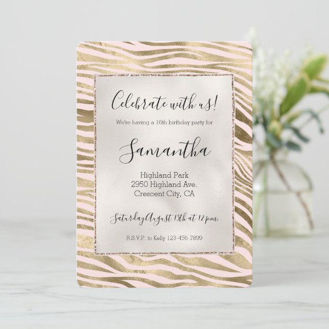 Blush Pink Gold Zebra Animal Print   Invitation (Standing Front)