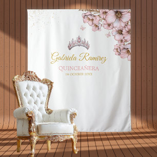 Blush Pink Golden Floral Quinceañera Backdrop Tapestry