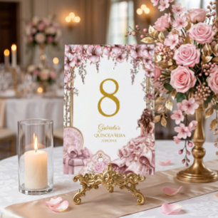  Blush Pink Golden Tiara Floral Quinceañera  Table Number
