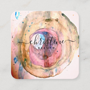Blush Pink Golden Watercolor Geode Script Square Business Card