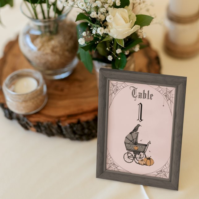 Blush Pink Gothic Baby Shower Table Number (Blush Pink Gothic Baby Shower Table Number. Victorian Baby Carriage Hand-Drawn in Black Ink. )