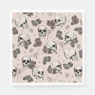 Blush Pink Gothic Skulls and Roses Halloween Napkin