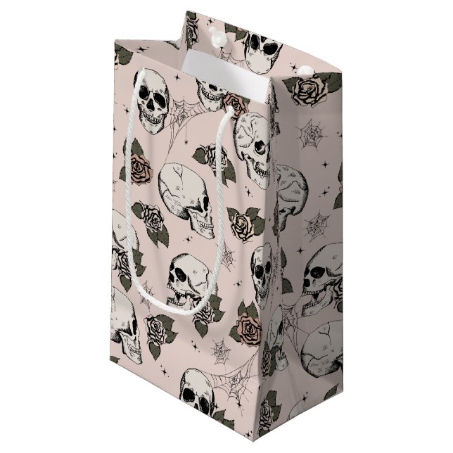 Blush Pink Gothic Skulls and Roses Halloween Small Gift Bag (Front Angled)