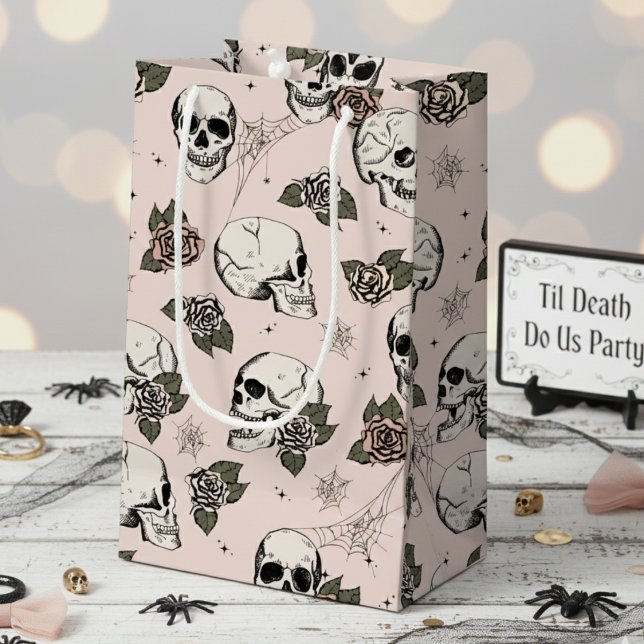 Blush Pink Gothic Skulls and Roses Halloween Small Gift Bag (Chic Blush Pink Floral Skulls Hallowedding Gift Bags for Her. Spooky Gothic Halloween Skull Pattern)