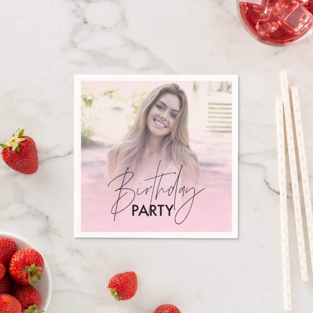 Blush Pink Gradient Personalized Photo Birthday Napkin (Insitu)