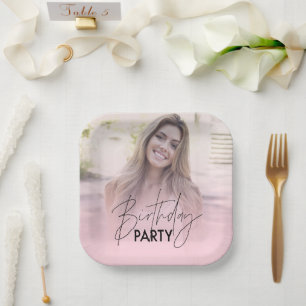 Blush Pink Gradient Personalized Photo Birthday Paper Plate