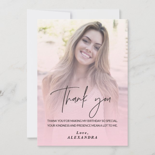 Blush Pink Gradient Photo Birthday Thank you card (Front)