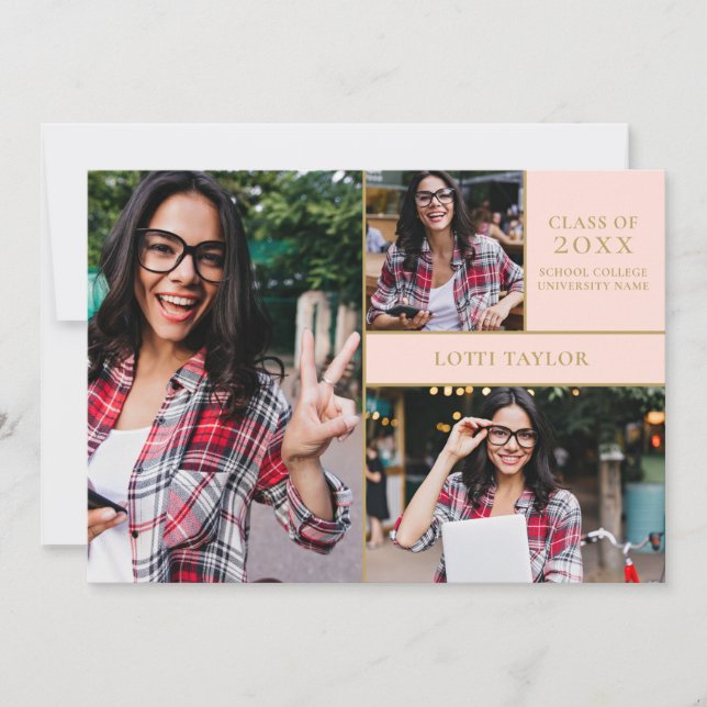 Blush Pink Graduate 3 Photo Gold Graduation Party  Invitation (Front)