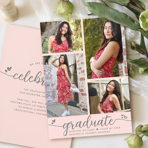 Blush Pink Graduation 4 Photo Modern Script Hearts Announcement