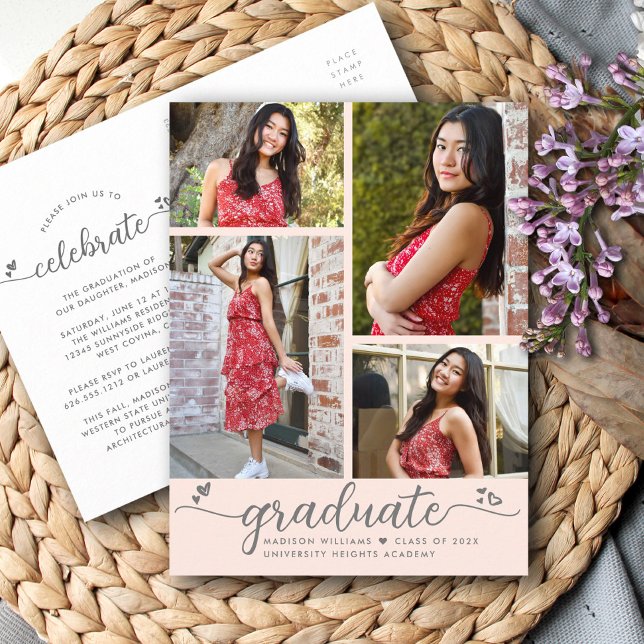 Blush Pink Graduation 4 Photo Modern Script Hearts Invitation Postcard (Creator Uploaded)