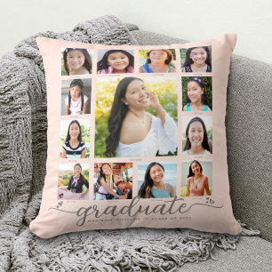 Blush Pink Graduation K–12 Photo Collage Script Throw Pillow