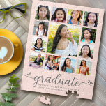 Blush Pink Graduation K–12 Script Photo Collage Jigsaw Puzzle<br><div class="desc">Be proud, rejoice and showcase this milestone of your favorite grad. Create this girly, stunning, simple, modern, personalized high school graduation K – 12 photo collage jigsaw puzzle for a keepsake you’ll always treasure. A fun, playful visual of soft gray script handwriting and cute, playful hearts, along with her name,...</div>