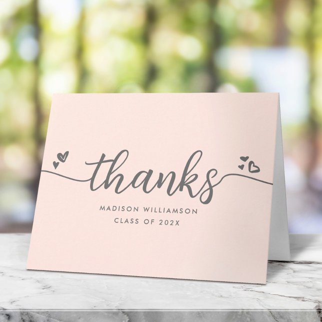 Blush Pink Graduation Modern Elegant Script Hearts Thank You Card (Creator Uploaded)