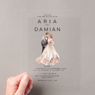 Blush pink gray floral couple photo Wedding Acrylic Invitations