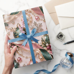 Blush Pink Green Christmas Ribbons Wrapping Paper